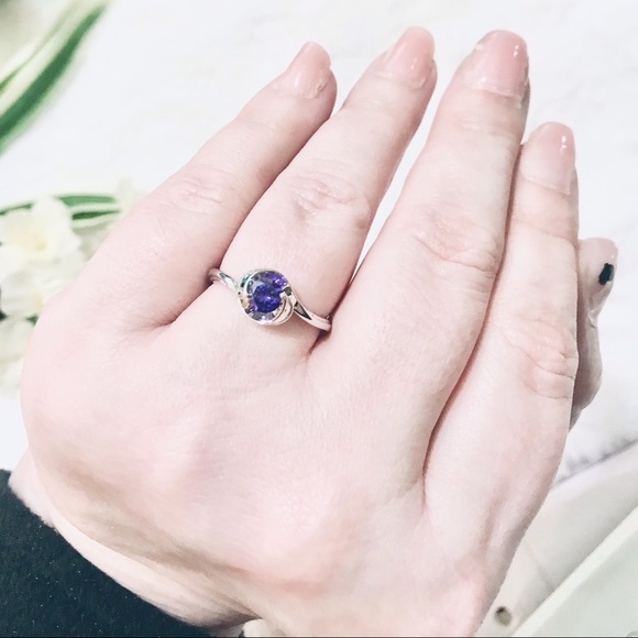 💜Dainty Lavender Round Solitaire Ring Synthetic Stone Sliver Ring 4-Prongs Band - Picture 4 of 16
